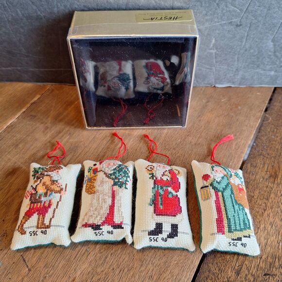 VTG 1990 HESTIA Hand Made Embroidered Santa Claus Pillow Ornaments 3" Long - Picture 1 of 16